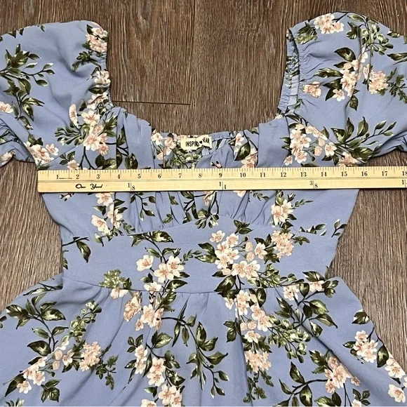 Inspired Hearts Floral Romper Blue Puff Sleeve Square Neck Ruffle | Size: Med - Picture 3 of 7